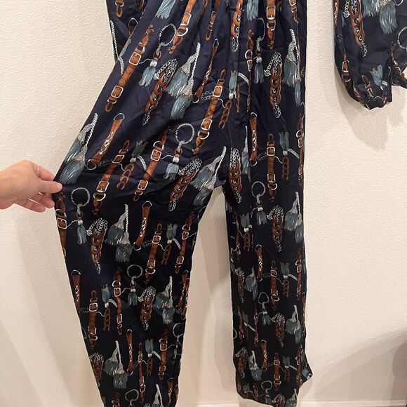 Fashion Nova The Entertainer Satin Jumpsuit Navy Sz XS Chain Tassel Print Rodeo - Picture 11 of 15